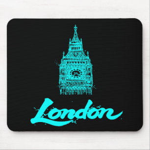 Neon Cyan London Big Ben Sketch Modern Black Mouse Pad