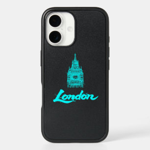 Neon Cyan London Big Ben Sketch Modern Black iPhone 16 Case