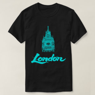 Neon Cyan London Big Ben Sketch Modern Black T-Shirt