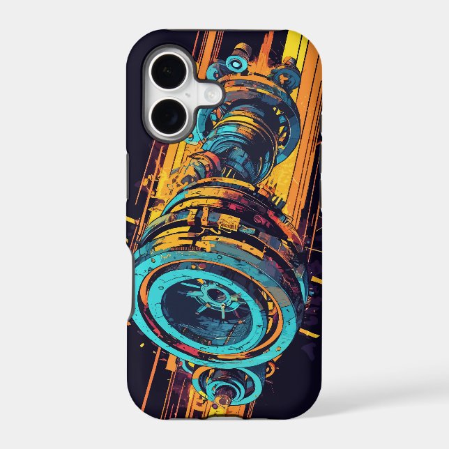 Neon Cyan Orange Cyberpunk Industrial Engine iPhone Case (Back)