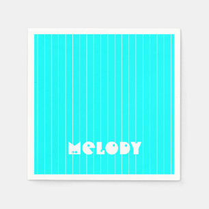 Neon Cyan White Thin Vertical Striped Name Napkins