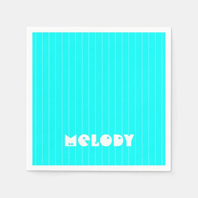 Neon Cyan White Thin Vertical Striped Name Napkins (Front)