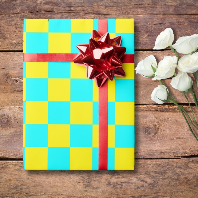 Neon Cyan Yellow Checkered Checkerboard Vintage Wrapping Paper (Creator Uploaded)