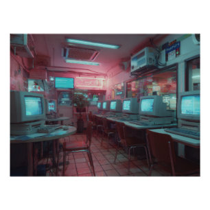 Neon Cyber Café with Retro Monitors Poster