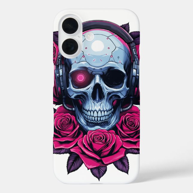 Neon Cyber Death Skull and Roses White Case-Mate iPhone Case (Back)
