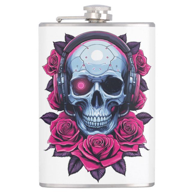 Neon Cyber Death Skull and Roses White Flask (Front)