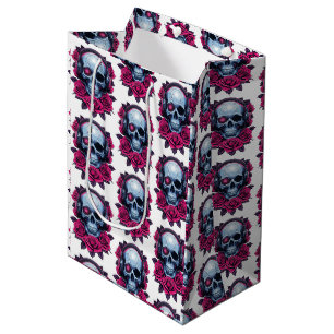 Neon Cyber Death Skull and Roses White Medium Gift Bag