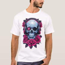Neon Cyber Death Skull and Roses White