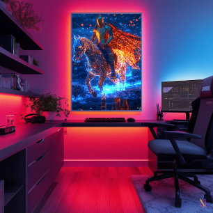 Neon Cyber Knight on a Glowing Horse – Futuristic Poster