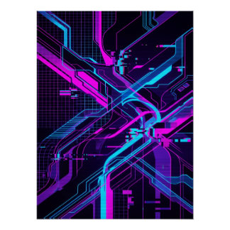 Neon Cyberpunk Abstract Glitch Art Poster
