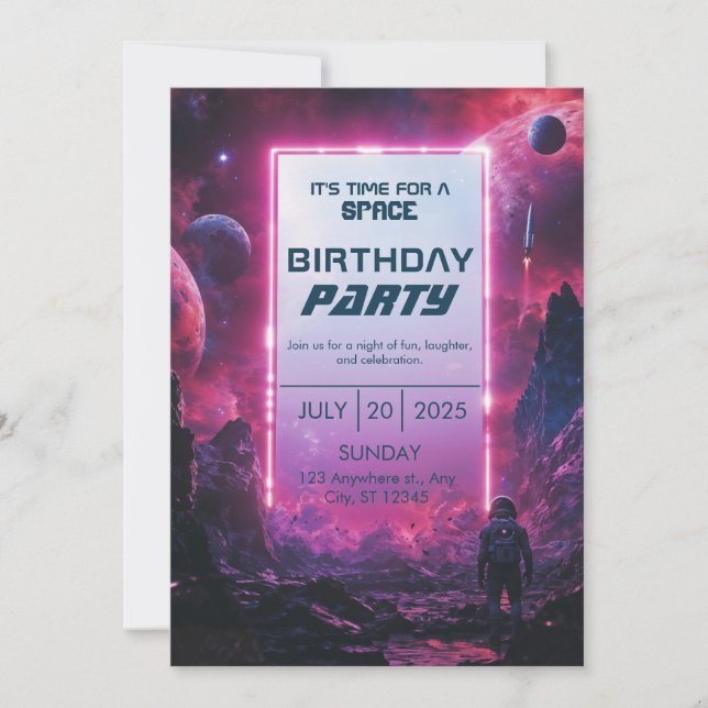 Neon Cyberpunk Astronaut Space Birthday Invitation (Front)