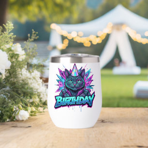 Neon Cyberpunk Cat Birthday Party Graphic Thermal Wine Tumbler