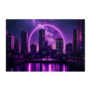 Neon Cyberpunk Cityscape – Futuristic Purple Acrylic Print