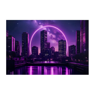 Neon Cyberpunk Cityscape – Futuristic Purple Acrylic Print