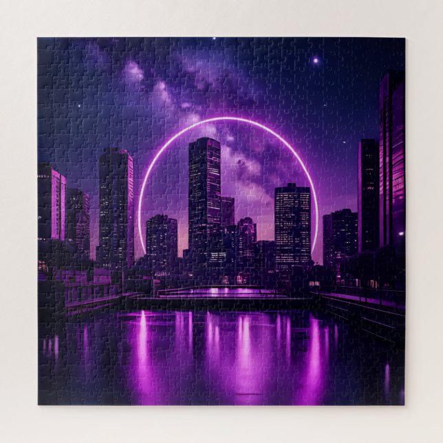 Neon Cyberpunk Cityscape – Futuristic Purple Jigsaw Puzzle (Vertical)