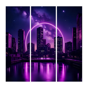 Neon Cyberpunk Cityscape – Futuristic Purple Triptych
