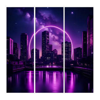 Neon Cyberpunk Cityscape – Futuristic Purple Triptych