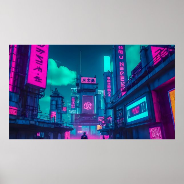 Neon Cyberpunk Cityscape Gamer Wall Art (Front)