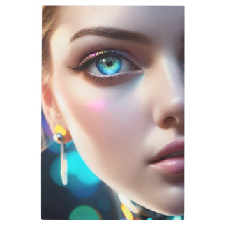 Neon Cyberpunk Ethereal Portrait Glowing Blue Ey Metal Print