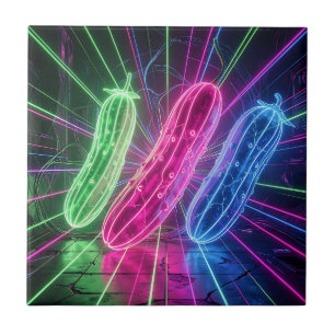 Neon Cyberpunk Glowing Cucumbers Ceramic Tile