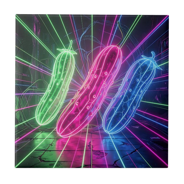 Neon Cyberpunk Glowing Cucumbers Ceramic Tile (Front)