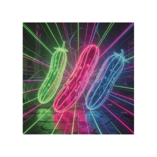 Neon Cyberpunk Glowing Cucumbers Wood Wall Art