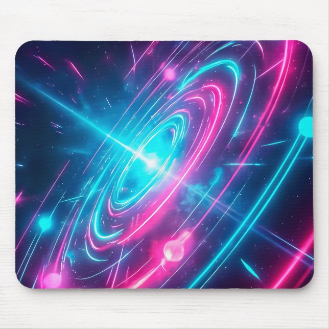 Neon Cyberpunk Glowing Galaxy Light Trails Mouse Pad (Front)
