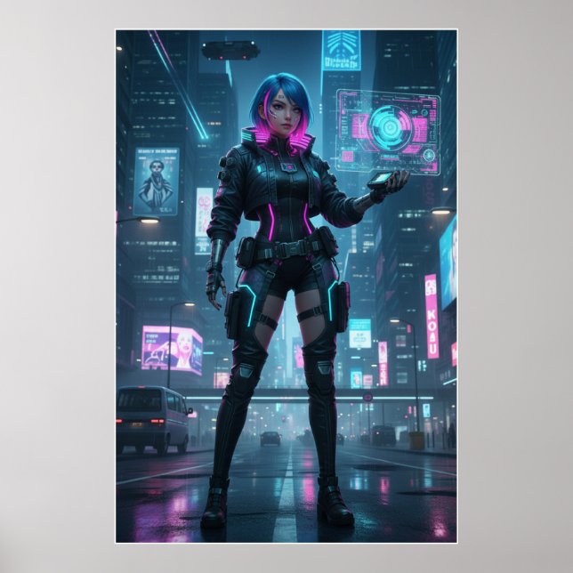 Neon Cyberpunk Operative – Futuristic City Poster  (Front)