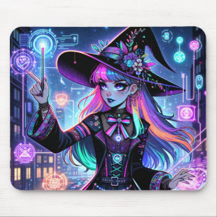 Neon Cyberpunk Tech Witch - Futuristic Art Design Mouse Pad