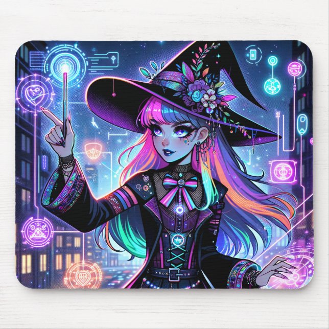 Neon Cyberpunk Tech Witch - Futuristic Art Design Mouse Pad (Front)