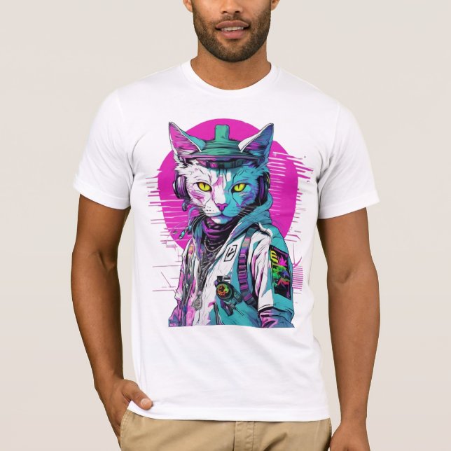 Neon Cyberpunk Warrior Cat T-Shirt (Front)