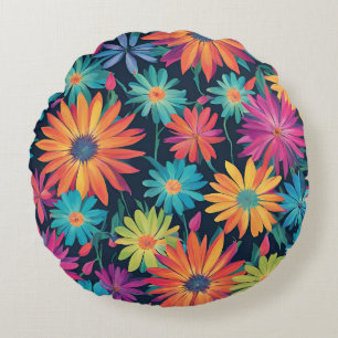 Neon Daisies  Round Pillow