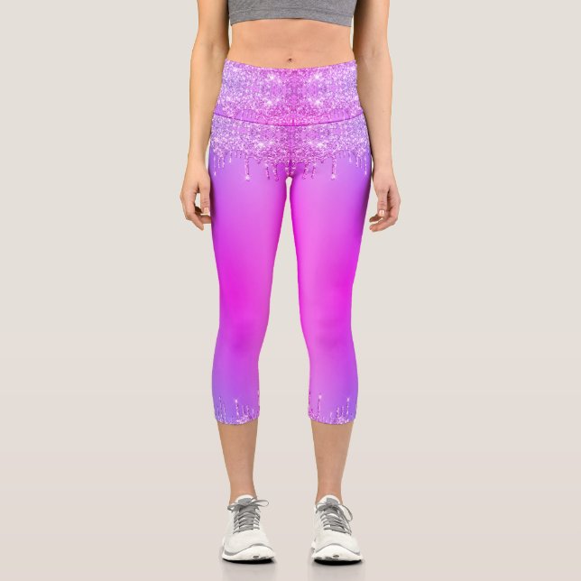 Neon Dance Capri Leggings Purple Pink Glitter (Front)