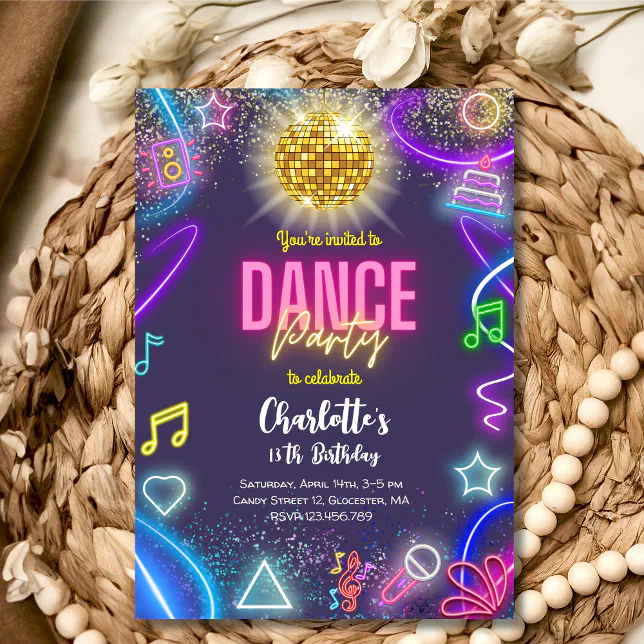 Neon dance party birthday invitation | Zazzle