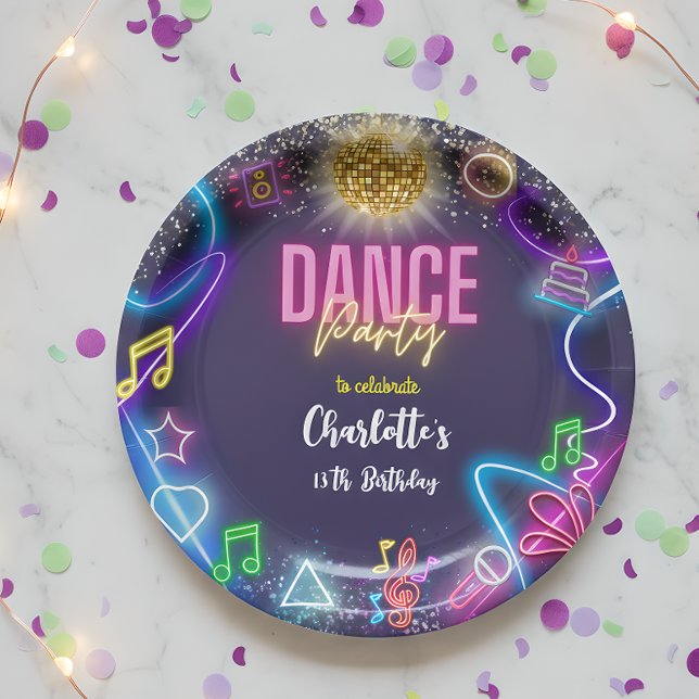 Neon dance party birthday paper plates (Creator Uploaded)