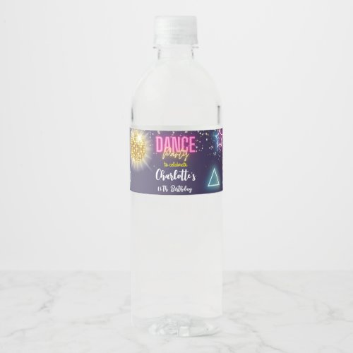 Neon dance party birthday water bottle label