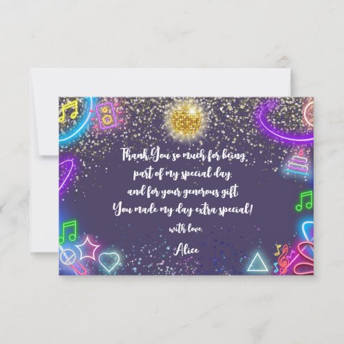 Neon dance party kids birthday thank you card