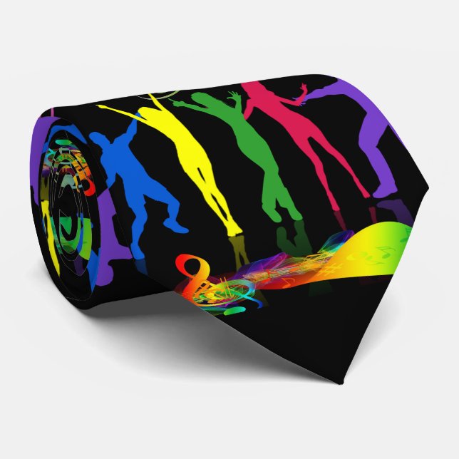 Neon Dance Party Music People On Black Neck Tie (Rolled)