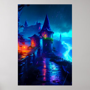 Neon Dark Fantasy Castle Cyberpunk River Poster