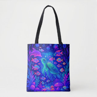 Neon Depths: Electric Purple Ocean Dreams Tote Bag