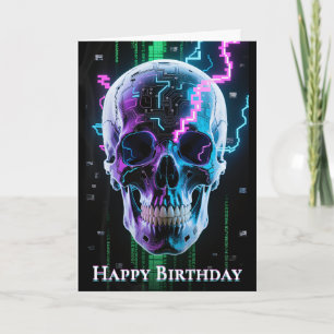 Neon Digital Decay Gothic Cyber Skull Letterpress Thank You Card