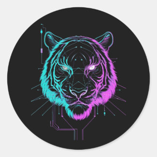 Neon digital tiger art classic round sticker