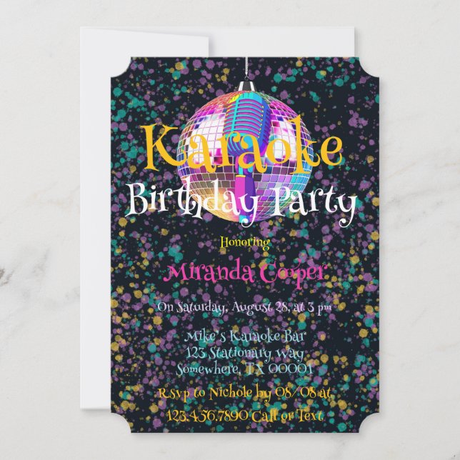 Neon Disco Ball Karaoke Birthday Party Invitation (Front)