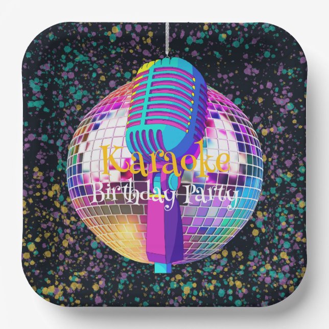 Neon Disco Ball Karaoke Birthday Party Paper Plates (Front)