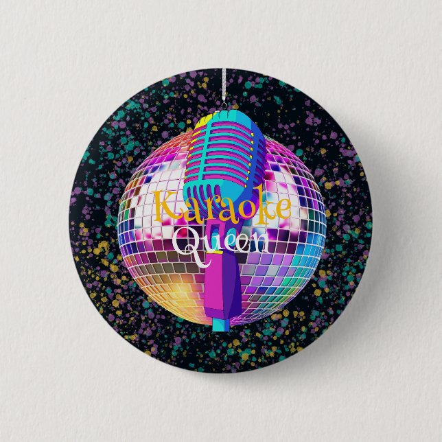 Neon Disco Ball Karaoke Queen Birthday Gift Button (Front)