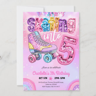 Neon Disco Roller Skating 5th Birthday Invitation