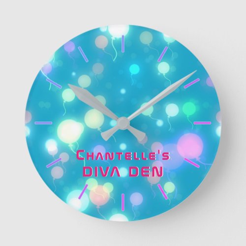 NEON DIVA DEN _ Blue Lights Girls Personalized Round Clock