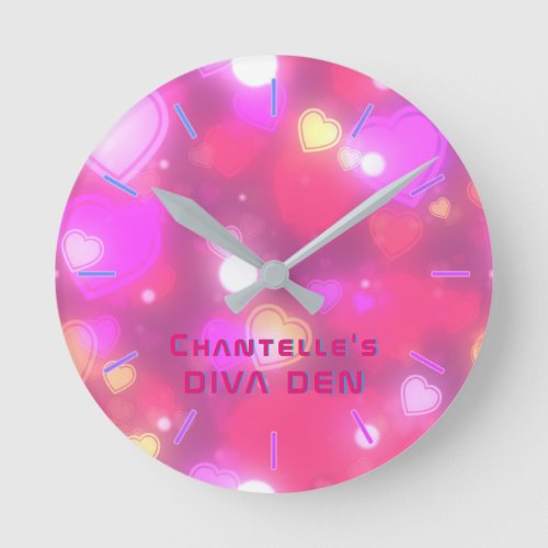NEON DIVA DEN _ Pink Hearts Girls Personalized Round Clock