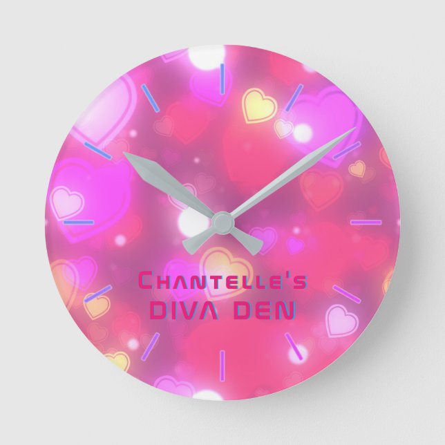 NEON DIVA DEN - Pink Hearts Girls Personalized Round Clock (Front)