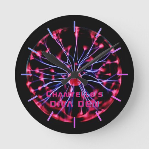 NEON DIVA DEN _ Plasma Ball Personalized Round Clock
